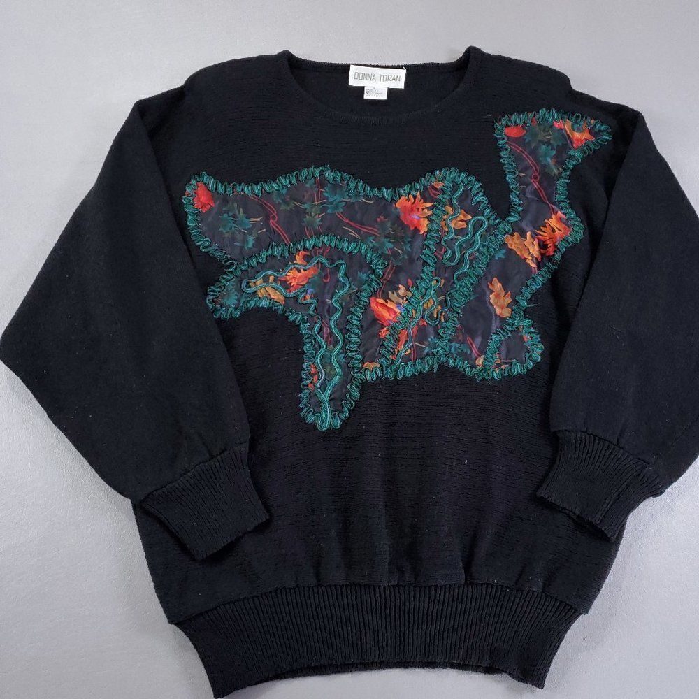 Vintage 80s Donna Toran Embroidered Sweater Womens Small Black Shoulder Pads